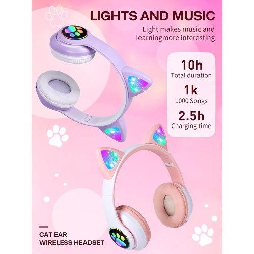 Kids Headphones, Cat Ear LED Light Up Foldable Bluetooth Headphone for Kids,2 in 1 Wired/Wireless Mode HD Stereo