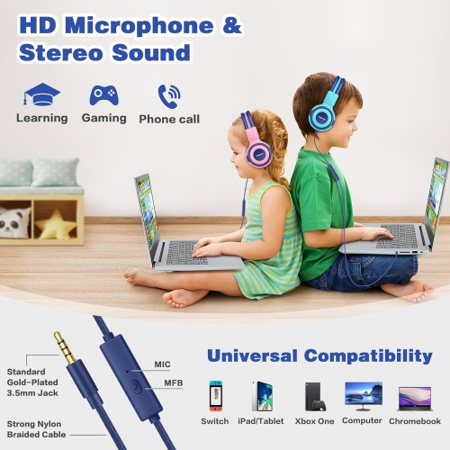 Kids Headphones with 94dB,85dB,75dB Volume Limited & Share Jack, Headphones for Girls with Mic, Durable