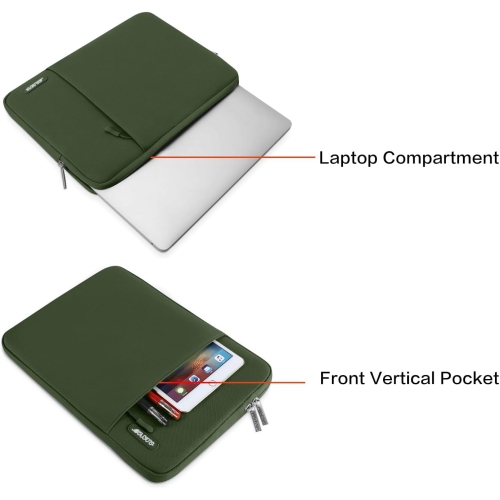 Laptop Sleeve Bag Compatible with Laptop 15 inch, Polyester Vertical Case with Pocket, Army Green