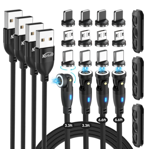 Magnetic Charging Cable, 9 Pins Fast Charge 540 Degrees Rotataion Data Sync Transfer Cord, USBA to 3 in 1 Head