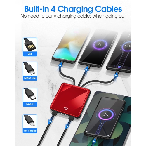 Chargeur portatif avec câbles intégrés, chargeur portable mince 10000&nbsp;mAh LED, petit bloc-piles externe avec 4 entrées