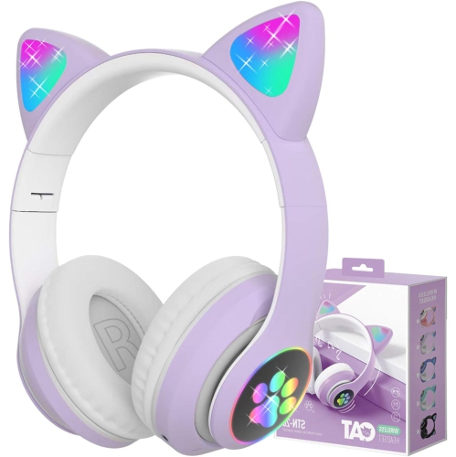 Wireless Headphones, Cat Ear LED Light Up Foldable Bluetooth Headphone for Kids,Over-Ear Adjustable Stereo Girls