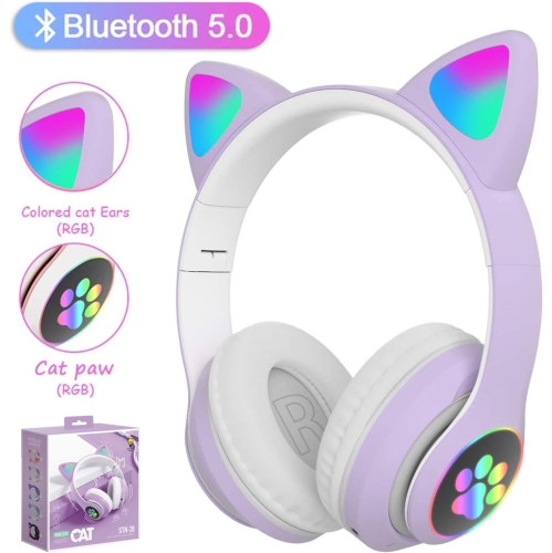 Wireless Headphones, Cat Ear LED Light Up Foldable Bluetooth Headphone for Kids,Over-Ear Adjustable Stereo Girls