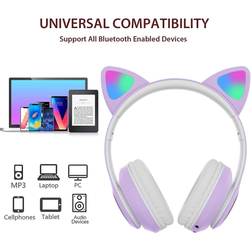 Wireless Headphones, Cat Ear LED Light Up Foldable Bluetooth Headphone for Kids,Over-Ear Adjustable Stereo Girls