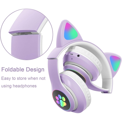 Wireless Headphones, Cat Ear LED Light Up Foldable Bluetooth Headphone for Kids,Over-Ear Adjustable Stereo Girls