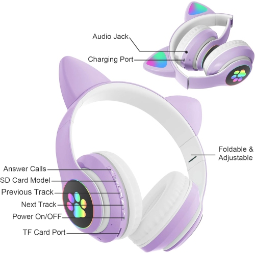 Wireless Headphones, Cat Ear LED Light Up Foldable Bluetooth Headphone for Kids,Over-Ear Adjustable Stereo Girls