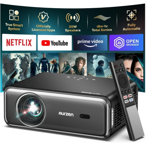 AURZEN  Refurbished (Good) - Eazze D1 Pro Smart Projector 4K Supported, Netflix Official With Wifi And Bluetooth