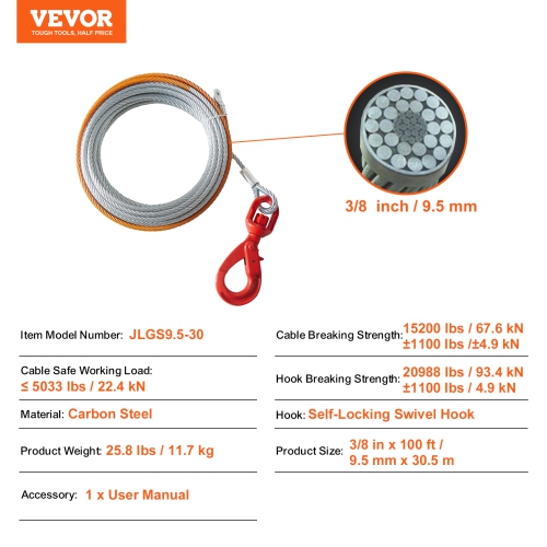 VEVOR 3/8 Inch x 100 Feet Galvanized Steel Winch Cable, 15,200 lbs Breaking Strength, Wire Winch Rope with Swivel Hook, Towing Cable Heavy Duty,
