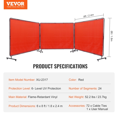 VEVOR 6' x 8' Welding Screen with Frame, 3 Panel Welding Curtain Screens, Flame-Resistant Vinyl Welding Protection Screen on 12 Swivel Wheels,