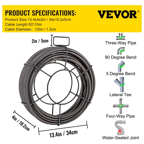 VEVOR 50 Feet x 1/2 Inch Drain Cleaning Cable Solid Core Cable Sewer Cable Drain Auger Cable Cleaner Snake Clog Pipe Drain Cleaning Cable Sewer Drain