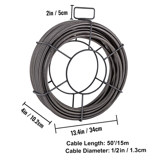 VEVOR 50 Feet x 1/2 Inch Drain Cleaning Cable Solid Core Cable Sewer Cable Drain Auger Cable Cleaner Snake Clog Pipe Drain Cleaning Cable Sewer Drain
