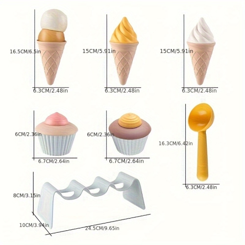 Ice Cream and Cupcake Set, Outdoor Beach Toy with Cone, Spoon, Cupcake, for Boys and Girls Aged 3+