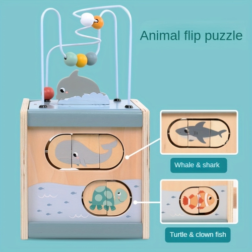 Wooden Activity Cube Ocean Puzzle Bead Box Building Block Toy, Early Education Educational Toys, Boys and Girls Gift