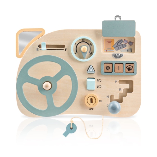 Montessori Toy Steering Wheel, Wooden Busy Board Driving Toy, Develop Motor Skills for Boys and Girls Ages 3+