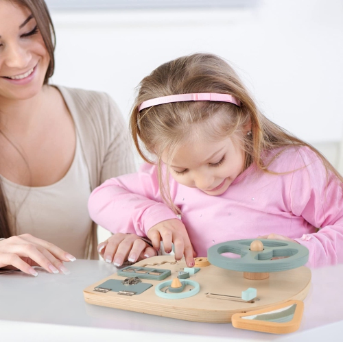 Montessori Toy Steering Wheel, Wooden Busy Board Driving Toy, Develop Motor Skills for Boys and Girls Ages 3+