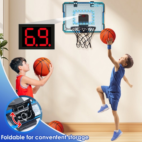 Portable Folding Basketball Hoop, Wall-Mounted Mini Indoor Basketball Hoop with Scoreboard, LED Light
