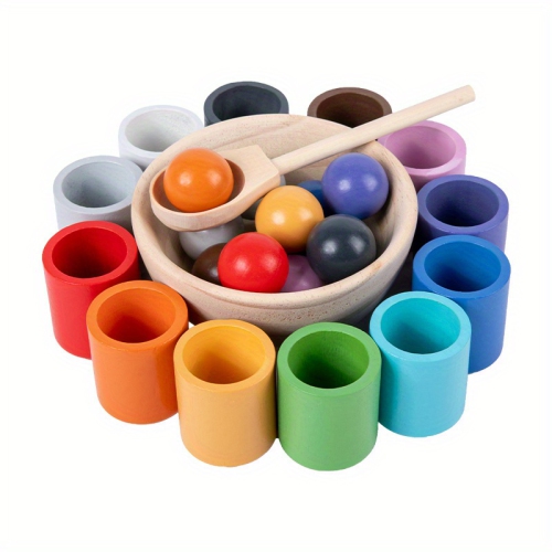 MYACUC  Rainbow Ball And Cup Toy, Montessori Toys, Preschool Wooden Matching Game for Learning Color Sorting And Counting