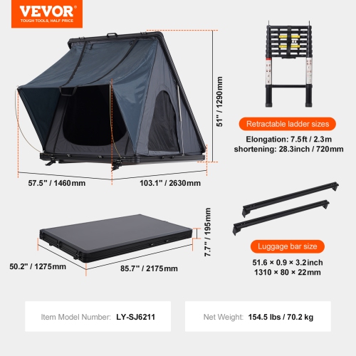 VEVOR 2-3 Person Rooftop Tent Hard Shell, Naturnest Rooftop Tent Hardshell, Hard Shell Roof Top Tent with Telescopic Ladder Thick Mattress,