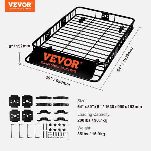 VEVOR 64" x 39" x 6" Roof Rack Cargo Basket, Rooftop Cargo Carrier with Extension, Heavy-duty 200 LBS Capacity Universal Roof Rack Basket, Luggage