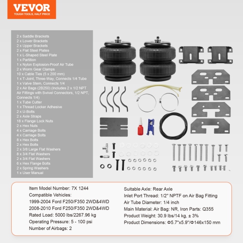 VEVOR 5000 lbs Loading Air Bag Suspension Kit, Air Springs Suspension Bag Kit Compatible with 1999-2004 Ford F250/F350 2WD 4WD, 2008-2010 Ford