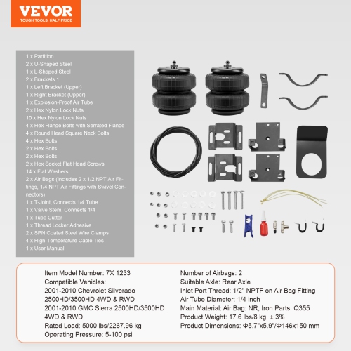 VEVOR 5000 lbs Loading Air Bag Suspension Kit, Air Springs Suspension Bag Compatible with 2001-2010 Chevrolet Silverado 2500/3500HD and GMC Sierra