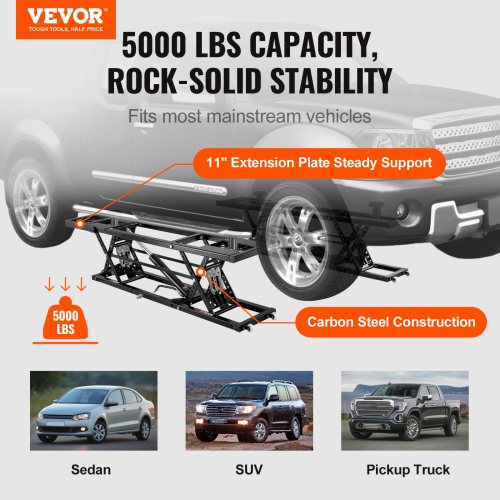 VEVOR 5,000 LBS Car Lift, Portable Car Lift, with Extended-Length Plates, 25.6" Max. Height, Heavy-duty Carbon Steel Truck Lift with Power Unit, Auto