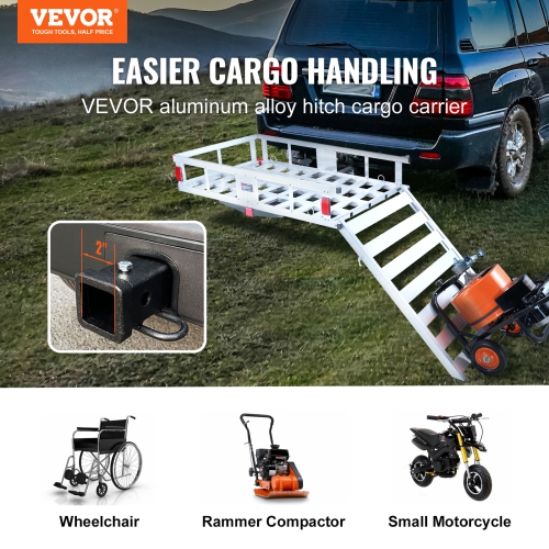 VEVOR 50 x 29.5 x 8.7 in Hitch Cargo Carrier, 500lb Capacity Trailer Hitch Mount Aluminum Cargo Basket with Folding Ramp, Luggage Carrier Rack Fits