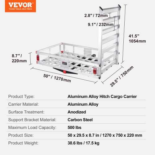 VEVOR 50 x 29.5 x 8.7 in Hitch Cargo Carrier, 500lb Capacity Trailer Hitch Mount Aluminum Cargo Basket with Folding Ramp, Luggage Carrier Rack Fits