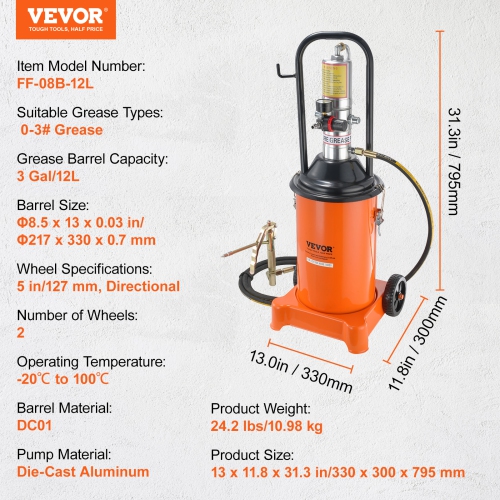 VEVOR 3 Gallon 12L,Grease Pump, Air Operated Grease Pump with 13 ft High Pressure Hose and Grease Gun, Pneumatic Grease Bucket Pump ,Lubrication