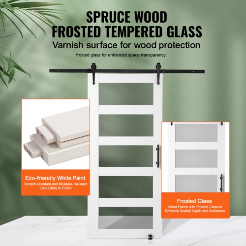VEVOR 42" x 84" Barn Door and Hardware Kit, Wood and Glass Sliding Barn Door, Smoothly and Quietly, Barn Door Kit with 8-in-1 Floor Guide and Door
