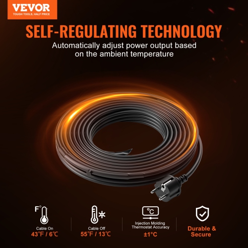 VEVOR 120V Self-Regulating Pipe Heating Cable, 18-feet 5W/ft Heat Tape for Pipes Freeze Protection, Protects PVC Hose, Metal and Plastic Pipe from