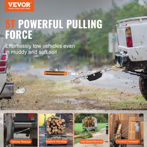 VEVOR 5 Ton Pulling Capacity, Come Along Winch, 11.5 ft Steel Cable, 3 Hooks, Heavy Duty Ratchet Power Puller Tool with Dual Gears, Automotive Hoist