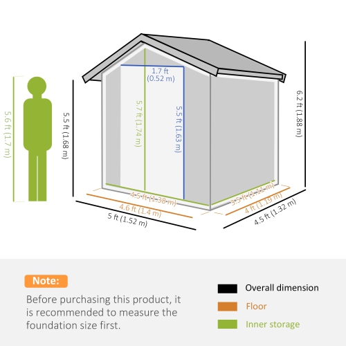 Outsunny 5ft x 4ft Garden Metal Storage Shed, Tool Storage Shed with Top Vents, Sliding Door, Sloped Roof and Foundation Kit for Garden, Patio, Lawn,