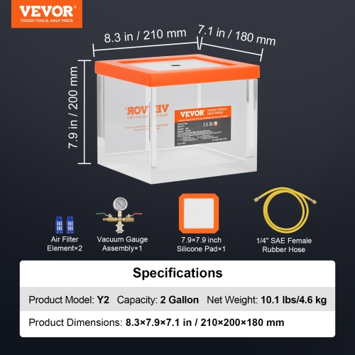 VEVOR 2 Gallon Vacuum Chamber, Upgraded Multipurpose Acrylic Vacuum Degassing Chamber, Transparent Vacuum Chamber, for Resin Degassing, Silica Gel