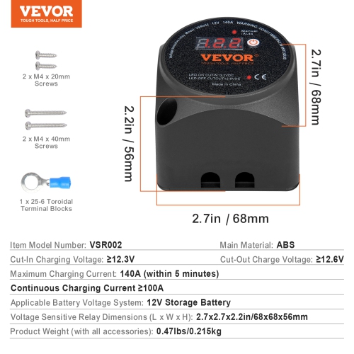 VEVOR 12V 140Amp Dual Battery Isolator Kit, Manual and Auto Modes VSR Voltage Sensitive Relay with LCD Screen, Smart Battery Isolator for ATV UTV RV