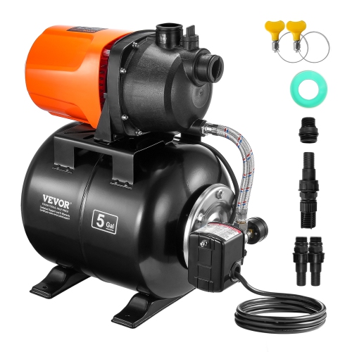 VEVOR 1 HP Shallow Well Pump with Pressure Tank, 1000 GPH/3700 L/H, Automatic Irrigation Water Booster Pump with 164 ft Lift 20/40 PSI Pressure