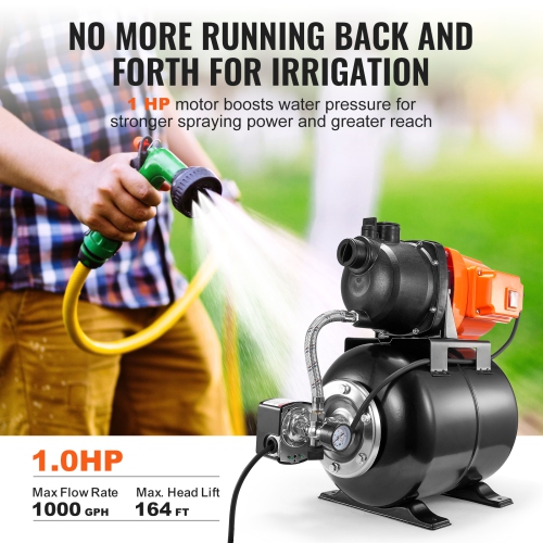VEVOR 1 HP Shallow Well Pump with Pressure Tank, 1000 GPH/3700 L/H, Automatic Irrigation Water Booster Pump with 164 ft Lift 20/40 PSI Pressure