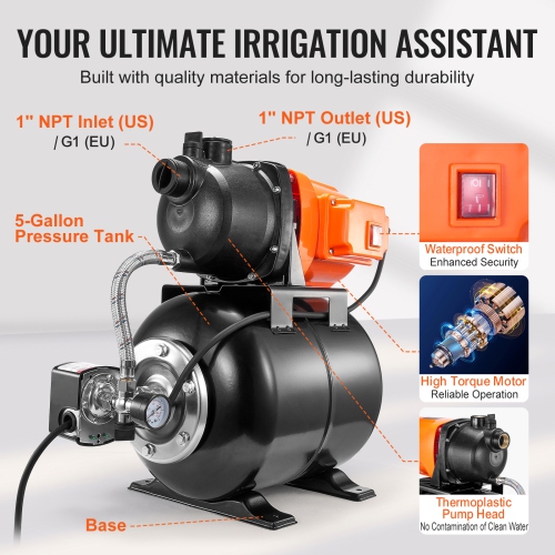 VEVOR 1 HP Shallow Well Pump with Pressure Tank, 1000 GPH/3700 L/H, Automatic Irrigation Water Booster Pump with 164 ft Lift 20/40 PSI Pressure