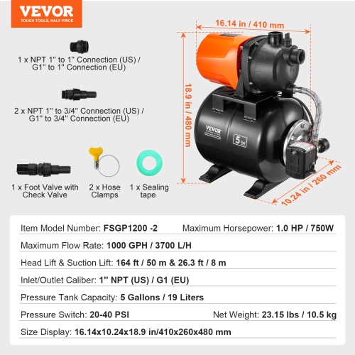 VEVOR 1 HP Shallow Well Pump with Pressure Tank, 1000 GPH/3700 L/H, Automatic Irrigation Water Booster Pump with 164 ft Lift 20/40 PSI Pressure