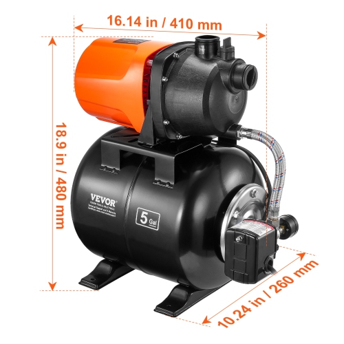 VEVOR 1 HP Shallow Well Pump with Pressure Tank, 1000 GPH/3700 L/H, Automatic Irrigation Water Booster Pump with 164 ft Lift 20/40 PSI Pressure