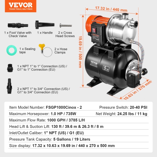 VEVOR 1 HP Shallow Well Pump with Pressure Tank, 1000 GPH, Automatic Irrigation Water Booster Pump with 130 ft Head Lift 20/40 PSI Pressure Switch,