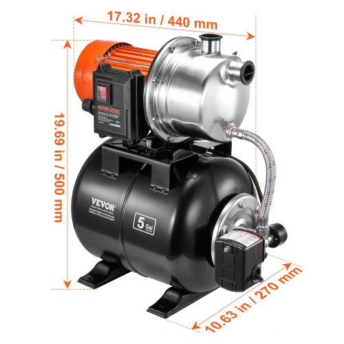 VEVOR 1 HP Shallow Well Pump with Pressure Tank, 1000 GPH, Automatic Irrigation Water Booster Pump with 130 ft Head Lift 20/40 PSI Pressure Switch,