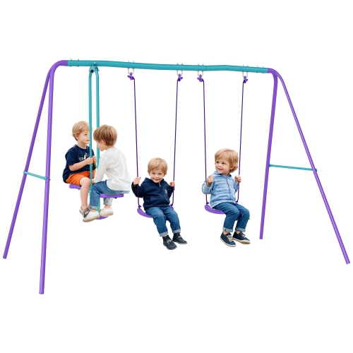 Outsunny 3 in 1 Metal Swing Set with Double Swings, Glider, Kids Swing Set for Backyard, Outdoor, Playground, Purple