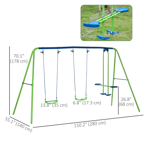 Outsunny 3 in 1 Metal Swing Set with Double Swings, Glider, Kids Swing Set for Backyard, Outdoor, Playground, Green
