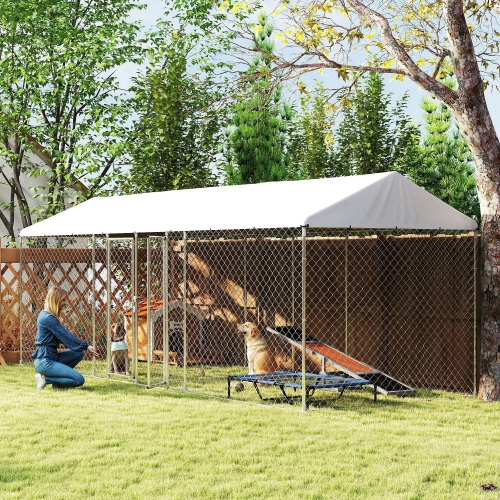 PawHut Outdoor Dog Kennel with Two Rooms, Heavy Duty Dog Run Outdoor Fence Cage with Waterproof UV-Resistant Cover, Escape-Proof Lock, 19.7' x 7.5' x
