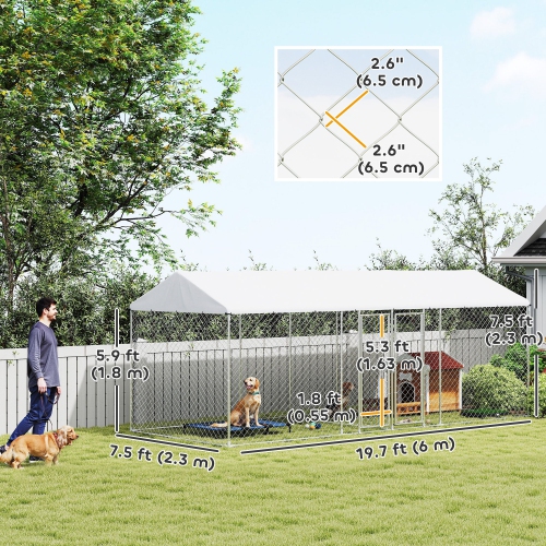 PawHut Outdoor Dog Kennel with Two Rooms, Heavy Duty Dog Run Outdoor Fence Cage with Waterproof UV-Resistant Cover, Escape-Proof Lock, 19.7' x 7.5' x