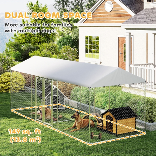 PawHut Outdoor Dog Kennel with Two Rooms, Heavy Duty Dog Run Outdoor Fence Cage with Waterproof UV-Resistant Cover, Escape-Proof Lock, 19.7' x 7.5' x