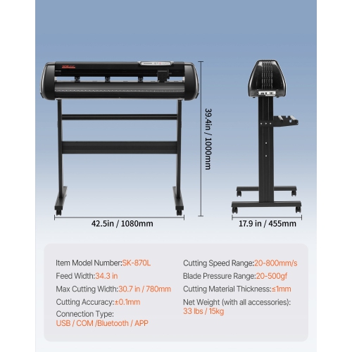 VEVOR 34in Vinyl Cutter Machine, Offline Bluetooth Cutting Plotter Machine, 400in/10m Steel Roller Shaft Adjustable Speed Force, SignMaster Software