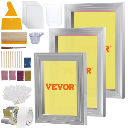 VEVOR 6x10/8x12/10x14inch Screen Printing Kit, 3 PCS Aluminum Silk Screen Printing Frames, 5 Glitters and Screen Printing Squeegees and Transparency