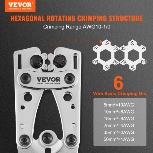VEVOR 10-1/0AWG Battery Cable Lug Crimping Tool, Aluminum Terminal Battery Lug Crimper, with 60PCS Aluminum Ring Connectors Terminals 6 Wire Sizes